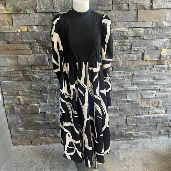 SHEIN‎ Woman’s Dress MIDI Puff Sleeves Black Ivory Beige XL Flowy Stretch Trendy - Picture 2 of 7